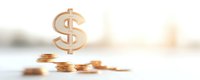 Golden dollar symbol floating above stacked coins on light background, representing financial growth, wealth management and investment success.