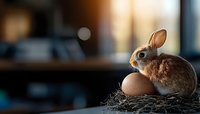 Small brown bunny sitting next to large brown egg in straw nest against blurred warm background, Easter holiday concept for greeting cards and seasonal designs.
