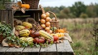 Autumn harvest display with pumpkins, corn, apples and seasonal vegetables arranged in wicker baskets on rustic wooden table outdoors for fall decoration.