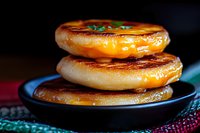 Stack of glazed donuts with golden caramel coating on black plate, extreme close up macro shot showing texture and shine in dramatic lighting.