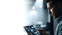 Young professional man analyzing digital data on tablet device in modern office environment with bokeh lighting effects for business technology concepts.