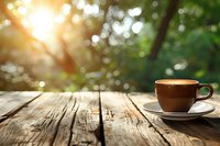 Morning coffee cup on rustic wooden table outdoors with beautiful sunrise bokeh through trees, perfect for lifestyle, cafe promotion or mindful living concepts.