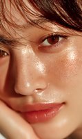 Close-up portrait of young woman with dewy glowing skin and wet hair strands framing face for skincare and beauty campaigns.