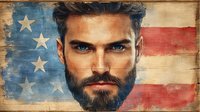 Bearded man with intense blue eyes against vintage American flag background, artistic portrait with weathered wood texture and patriotic elements.