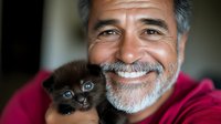 Happy senior Caucasian man with gray beard smiling while holding adorable black kitten with blue eyes. Heartwarming pet adoption and companionship moment.