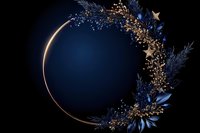 Golden round frame decorated with navy blue flowers and leaves on dark background, glowing magical circle with sparkles and stars. Elegant design element.