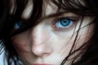 Close up portrait of young woman with intense blue eyes and dark windswept hair falling across face, showing natural freckles and pure complexion.