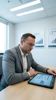 Middle-aged Caucasian businessman in gray suit analyzing financial data on tablet in modern office with charts on wall for corporate presentations.