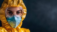 Medical worker wearing yellow protective suit, safety goggles and face mask against dark background. Healthcare and virus protection concept for hospital staff.