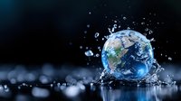 Planet Earth splashing into water creating dynamic droplets against dark background, dramatic environmental concept showing fragility of our world.