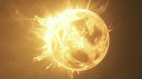 Glowing sun with intense solar flares and corona eruptions against dark space background, depicting powerful stellar activity and cosmic energy in warm golden tones.