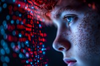Young woman with freckles in profile view against digital matrix background with glowing blue and red lights, representing artificial intelligence and technology.