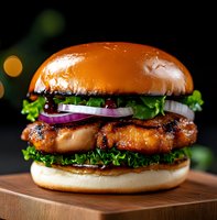 Juicy grilled chicken burger with fresh lettuce, red onion rings, and sauce on brioche bun, close-up shot on wooden board against dark background with bokeh.