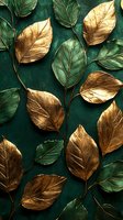 Golden and emerald leaves arranged on dark green background create luxurious natural pattern. Metallic foliage composition with rich texture and dramatic lighting.
