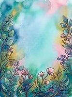 Watercolor floral border with teal, pink, and yellow tones, featuring hand-drawn flowers, leaves, and berries with copy space for text.