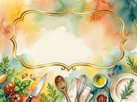 Watercolor cooking frame with fresh vegetables, herbs, and kitchen utensils arranged around ornate gold border on soft pastel background. Ideal for recipe cards, culinary blogs, cooking websites.