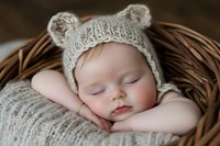 Peaceful sleeping newborn baby wearing knitted bear hat resting in woven basket, wrapped in soft beige blanket. Professional newborn photography setup.