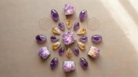 Amethyst and citrine gemstones arranged in sacred geometry mandala pattern for crystal healing meditation and spiritual wellness practices.