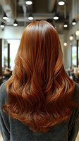 Back view of long wavy copper red hair styled with soft layers and natural movement, showcasing professional salon styling results in warm lighting.