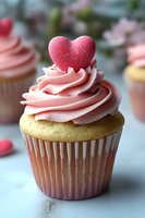 Valentine's Day cupcake with pink frosting and red heart topper for romantic celebrations and sweet treats.