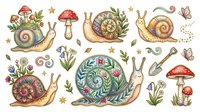Whimsical garden snails with decorative shells, mushrooms, flowers, and botanical elements in warm earthy tones. Isolated clipart set on transparent background, ready for design projects, textiles, and creative applications.