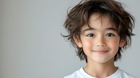 Cheerful Asian boy with messy dark hair wearing white t-shirt against light background, expressing genuine happiness with bright natural smile.