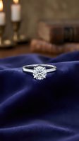 Elegant diamond solitaire engagement ring on luxurious blue velvet fabric with warm candlelit ambiance for romantic proposal and wedding concepts.