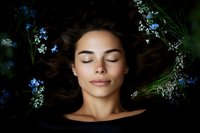 Peaceful young woman with closed eyes surrounded by delicate blue flowers and green foliage on dark background for wellness and beauty concepts.