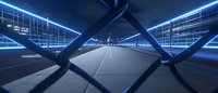 Futuristic glowing blue neon tunnel with metal grid fence in foreground, creating perspective view of illuminated corridor with geometric lines and patterns.