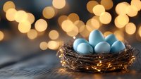 Bird nest with blue eggs surrounded by warm fairy lights and golden bokeh background creating magical spring atmosphere for Easter or nature concepts.