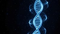 Glowing blue DNA double helix structure with luminous particles on dark background for biotechnology and genetic research presentations.