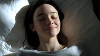 Young woman with closed eyes lying peacefully on white pillow in bed, expressing serenity and relaxation during morning rest or meditation moment.