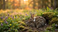Wild rabbit family resting together among purple wildflowers and green moss in natural woodland habitat during golden hour sunset lighting.