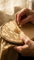 Senior craftsman hands working with precision tweezers on golden beads in warm sunlight for jewelry making and artisan craft projects.