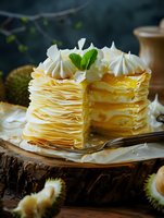 Layered crepe cake with whipped cream and mint garnish on rustic wooden surface. Delicate pastry layers reveal soft cream filling, creating elegant dessert presentation.
