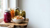 Homemade fermented vegetables in glass jars on wooden cutting board with bowl of mixed nuts creating rustic kitchen pantry display for healthy eating.