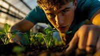 Young male gardener examining small green seedlings in greenhouse during golden hour sunlight, close-up view showing concentrated expression and hands in soil.
