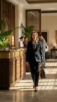 Professional businesswoman walking through luxury hotel lobby with briefcase and confident expression in elegant corporate attire.