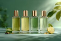Four elegant glass bottles with gold caps containing green and yellow essential oils or perfumes arranged with lime and botanical elements on green background.