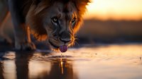 Male lion drinking water from lake at golden sunset, close-up portrait showing reflection in rippling surface, dramatic wildlife photography with warm backlighting.