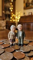 Elderly couple figurines standing on coins with warm bokeh lights representing retirement savings and financial planning for senior years.