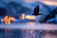 Majestic eagle silhouette flying over winter lake at dusk with magical sparkles and bokeh lights against snowy mountain backdrop creating dreamy atmosphere.