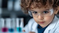 Young curly-haired child in lab coat and safety glasses conducting science experiment with colorful liquid solutions in test tubes, representing STEM education.