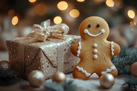 Festive gingerbread man cookie next to wrapped Christmas present with gold bow, decorated with ornaments and pine branches against blurred bokeh lights background.