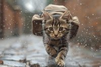 Playful striped kitten running through falling snow, front view action shot with focused expression and extended paws against blurred winter background.
