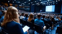 Audience member using digital tablet during large business conference or lecture in dark auditorium. View from behind showing crowded venue and stage.
