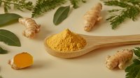 Fresh turmeric powder in wooden spoon with raw ginger roots and green herbs on beige background. Natural spices and healing ingredients for cooking.
