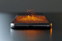 Modern smartphone with glowing orange digital wave pattern emerging from screen, displaying data visualization on dark background. Futuristic technology concept.