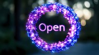 Glowing neon open sign with purple and blue LED lights in circular frame against blurred night background for business storefront display.