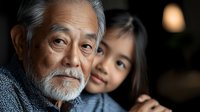 Elderly Asian grandfather with gray beard embracing young granddaughter in warm family moment showing intergenerational love and bonding at home.